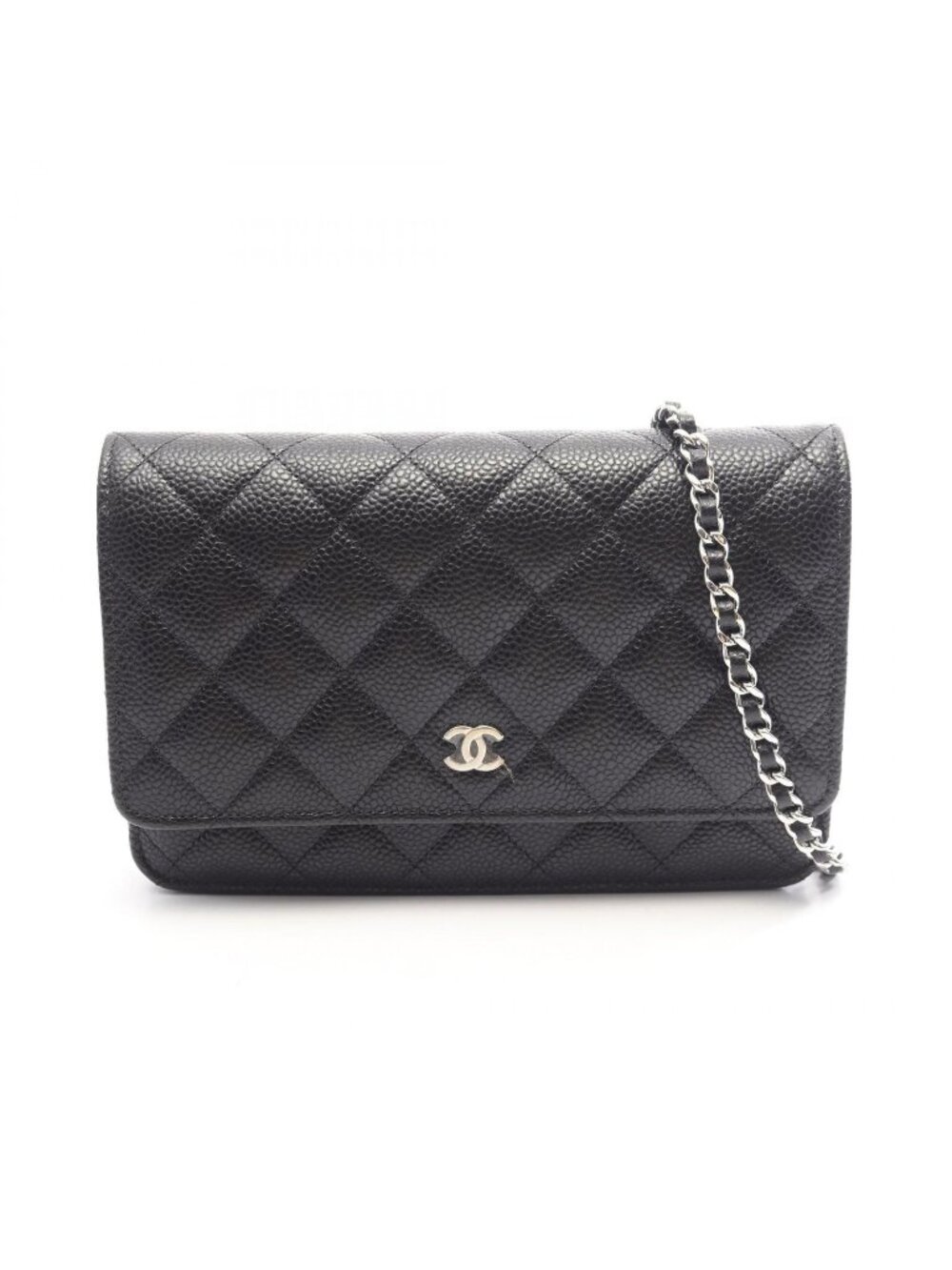 Chanel Shoulder Bag Quilted Black Caviar Leather Chain Wallet